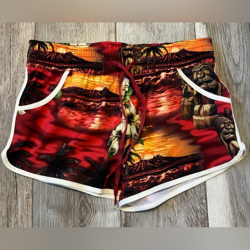 Women's Red Tropical Swim Coverup Shorts with Sunset Print